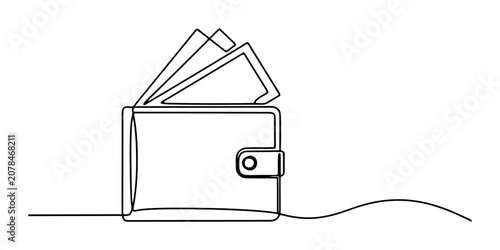 Obraz na płótnie A single continuous line drawing of a leather wallet filled with paper money bil
