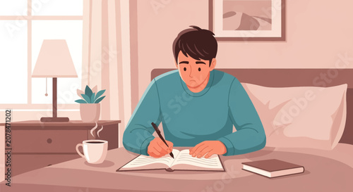 Vector illustration of a young man with a melancholic expression writing in a journal while sitting on his bed in a cozy bedroom with a lamp, coffee cup, and soft window light.