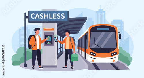 Flat vector illustration of commuters at a transit station; one man uses a smartphone for contactless mobile payment while another pays with cash at a kiosk next to an arriving train.