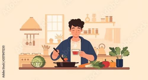Young man with dark hair in a blue hoodie cooking a meal in a kitchen, holding a cup of tea while stirring a pot near fresh cabbage, carrots, and peppers in a flat vector style.