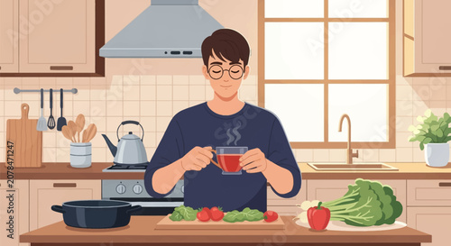 Vector illustration of a young man with glasses holding a steaming cup of tea in a modern kitchen. Fresh vegetables, tomatoes, and leafy greens are on a cutting board on a wooden counter.