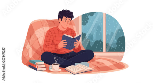 Young man sitting cross-legged on blanket reading book, including stack of books, steaming coffee cup, and rainy window background, cozy indoor flat vector illustration scene.