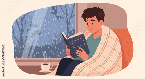 Vector illustration of a young man wrapped in a plaid blanket reading a book indoors while it rains outside. Features a steaming mug of coffee on a windowsill near bare trees.