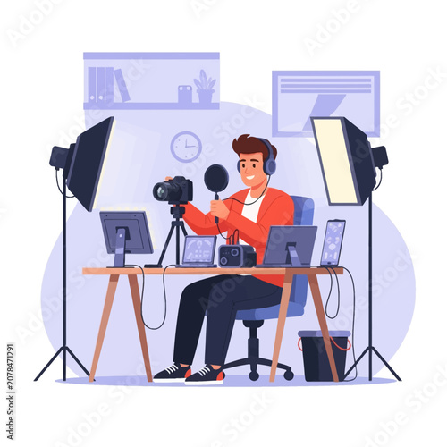 Male content creator in professional home studio setup with camera on tripod, softbox lights, headphones, microphone, and multiple computer monitors for digital recording.