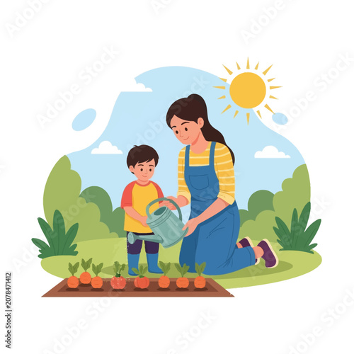 Vector illustration of a mother and son watering a row of carrots in a garden bed with a light blue watering can on a sunny day, featuring green bushes and a bright sun in the sky.