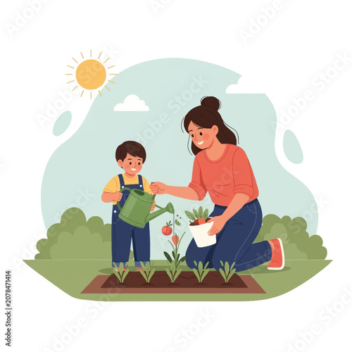Flat vector illustration of a mother and young son gardening together in a backyard. The mother helps her child water a vegetable garden with tomatoes under a bright yellow sun.
