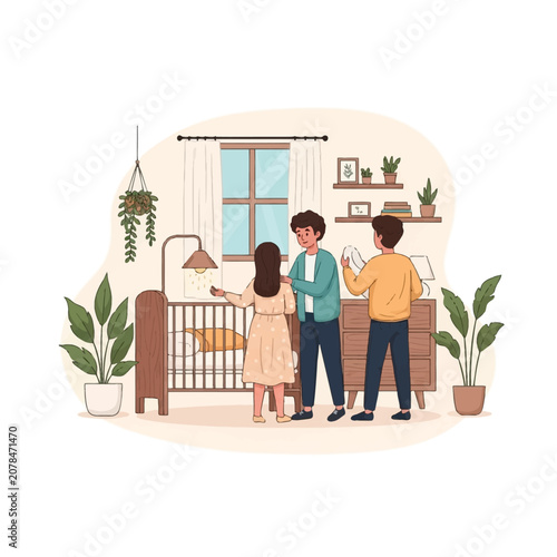 Flat vector illustration of young parents and a friend decorating an eco-friendly nursery with a wooden crib, chest of drawers, indoor plants, and a floor lamp by a window.