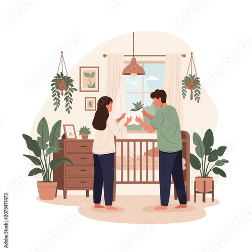 Flat vector illustration of a young couple decorating a cozy nursery with a wooden crib, many indoor plants, and a dresser. Parents preparing a baby room in an eco-friendly style.