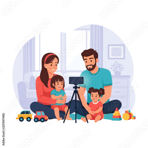 Vector illustration of a young mother and father sitting on a living room floor with their two small daughters, recording a family video using a smartphone mounted on a tripod.