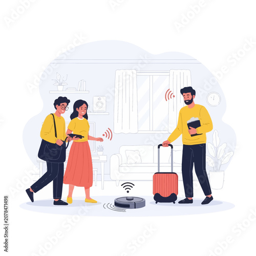 Flat vector illustration of people managing smart home devices, including a robot vacuum, wireless icons, a man with a suitcase, and a couple in a modern living room setting.