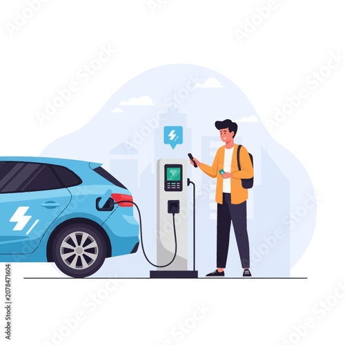 Vector illustration of a young man with a backpack charging a blue electric car at a public charging station in the city, using a smartphone and credit card for payment.