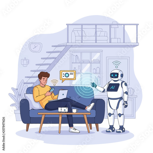 Vector illustration of a man on a sofa using a laptop and phone while a humanoid AI robot interacts with a holographic interface in a modern living room and home office apartment.