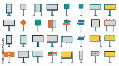 Outdoor signage and billboard icons for advertising and street direction displays.