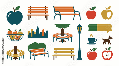 Park and lifestyle icons featuring benches, trees, and city silhouettes.