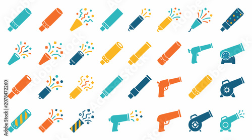 Party poppers and confetti cannons icon set.