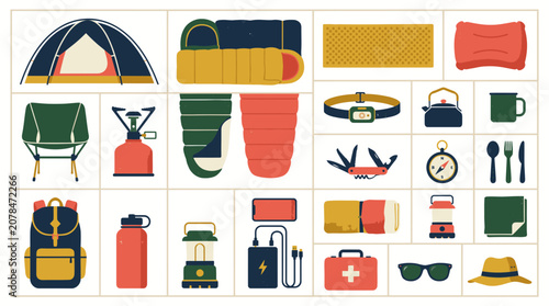 Outdoor camping equipment and survival gear icons.