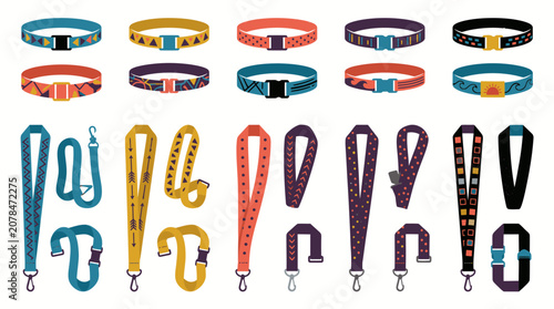 Patterned pet collars and ID lanyards icon collection.