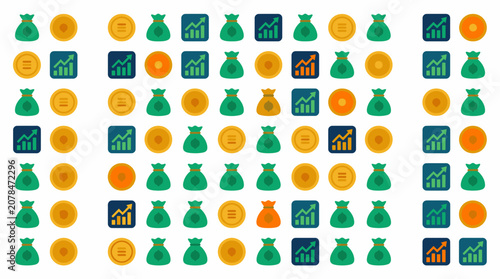 Pattern of finance icons with coins and charts.