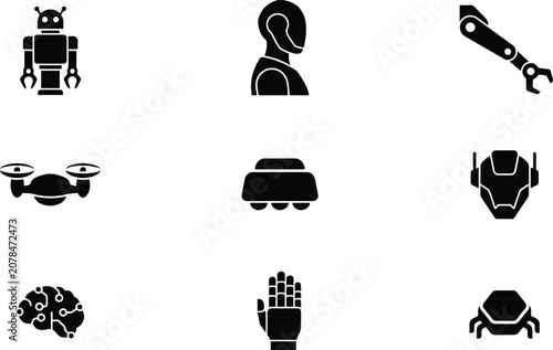 Фотография Artificial intelligence and robotics engineering solid glyph icon set featuring