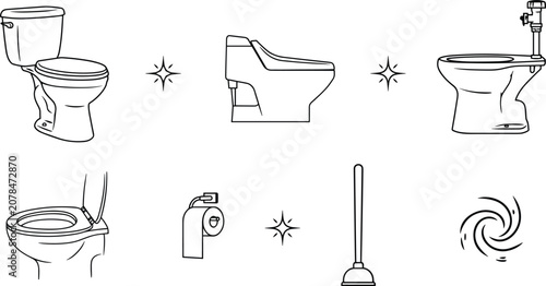 Bild auf Leinwand Bathroom toilet and plumbing equipment line icon set featuring ceramic commode b