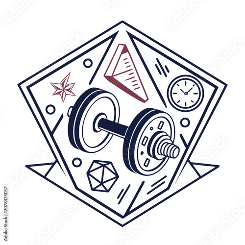 Detailed vector illustration featuring vintage-style gym equipment, a clock, and a dumbbell in a geometric hexagonal design.