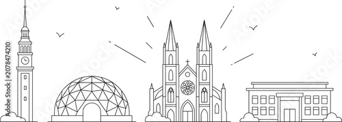 Photos City landmarks and architectural skyline line icon set featuring historical cloc