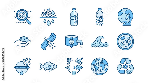 Marine microplastics research and ocean cleanup icons.