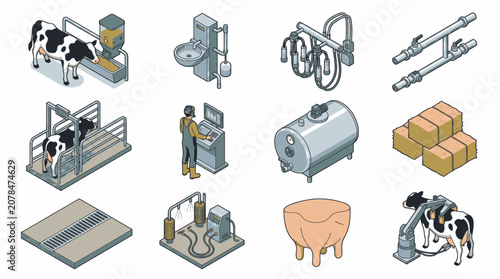 Cuadro en lienzo Isometric icons representing modern dairy farming equipment and processes, including cows, milking machines, and storage tanks