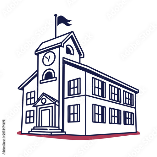 Flat design vector icon of a traditional two-story school building featuring a clock tower and waving flag.