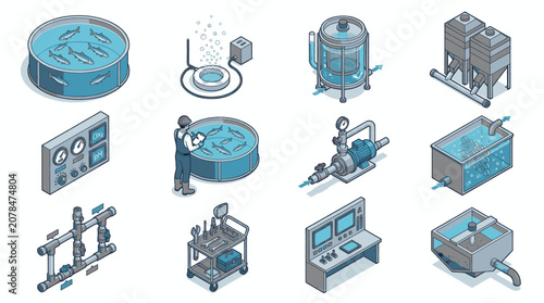 Фотография Isometric illustrations depicting various components of an industrial aquaculture system for fish farming