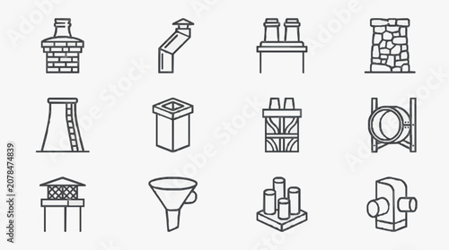 Schilderij op canvas Industrial Black and White Line Icons Set Showcasing Various Chimneys Funnels an