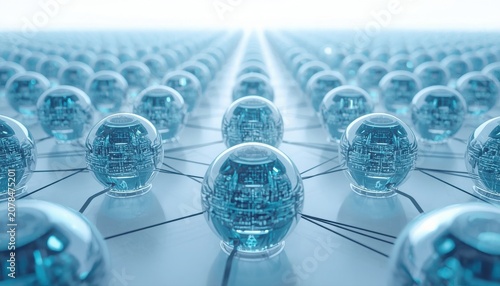 Grid of spherical digital nodes representing data connectivity with connectivity technology abstract information communication computing innovation geometric infrastructure database business