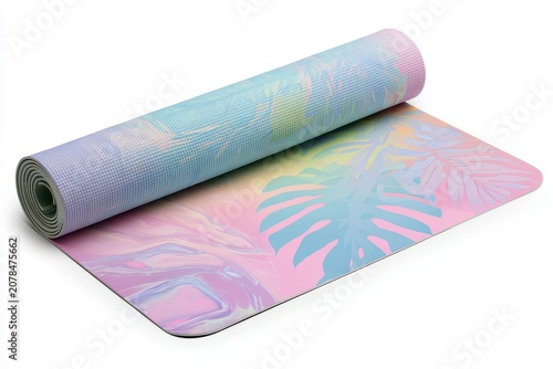 Exercise mat featuring colorful monstera leaf prints partially unrolled on a white surface with soft studio lighting for wellness product marketing