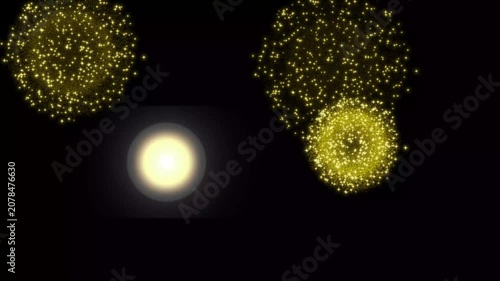 4K Golden Starburst Fireworks Animation, Radiant Sparkling Particle Explosion Overlay on Black Background, Premium Motion Graphics for Cinematic Intro and Festive Event Effects