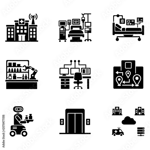 Smart Hospital Infrastructure Black Silhouette Icons Set - Healthcare Technology, ICU, Medical Robotics, Hospital Network and Digital Healthcare Vector Collection