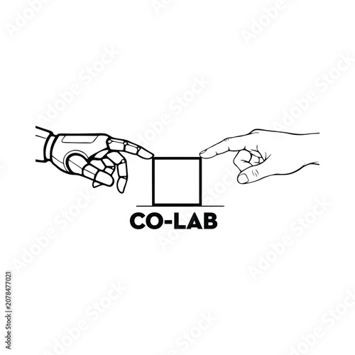 Tableau sur toile Human and robotic hands reaching for a square black and white line drawing