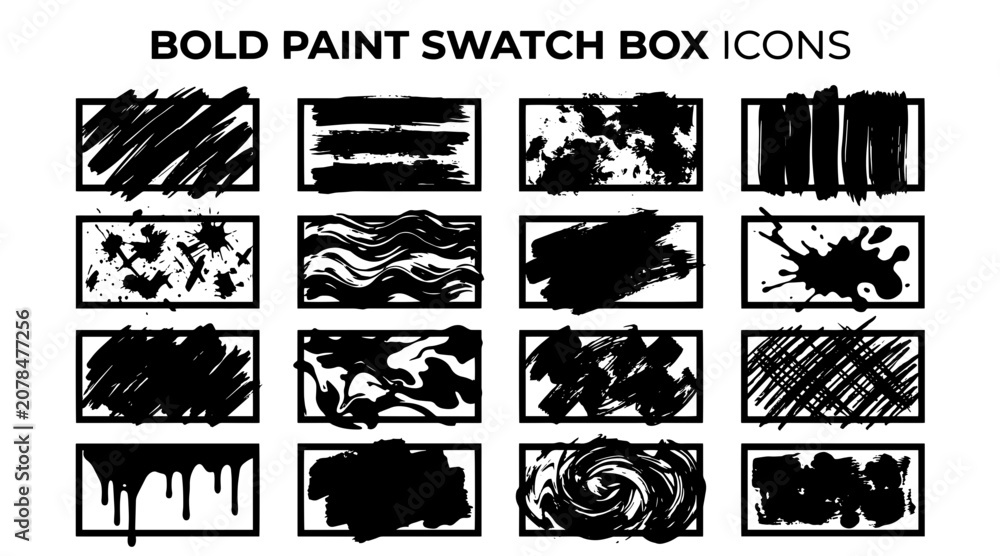 Fototapeta premium A collection of graphic icons featuring bold paint swatches with diverse textures, brush strokes, and splatters.