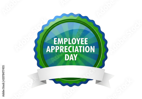 A circular green and blue badge with a scalloped edge and a white ribbon banner underneath for the employee appreciation day celebration event