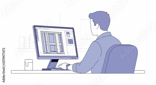 Man working on computer, graphic design, digital art, modern office, focused employee