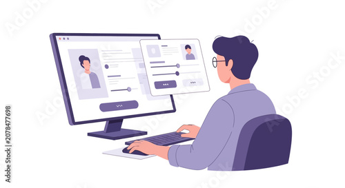 Man working on computer, editing profile or resume online, digital interface, modern workspace