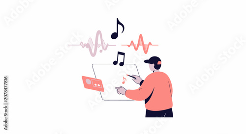 Music production concept: producer working on digital audio workstation with sound waves and notes
