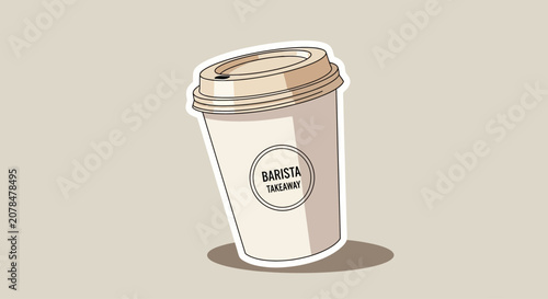 Barista Coffee Cup with Lid, Takeaway Drink, Minimalist Design, Isolated on Beige Background