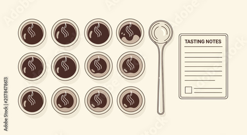 Coffee Tasting Flight: Multiple Cups, Spoon, and Tasting Notes Sheet