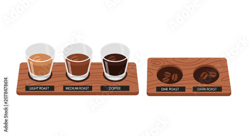 Coffee tasting flight with three different roasts and beans on wooden trays