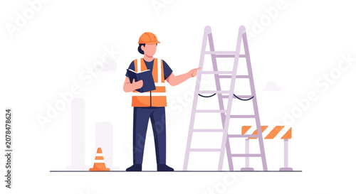 Construction worker with ladder and safety equipment, planning project