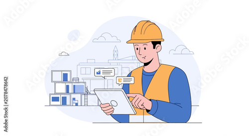 Construction worker using tablet for building project management and planning