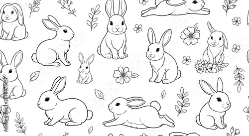 Cute Bunny Rabbit Illustration Seamless Pattern - Easter Spring Holiday Theme
