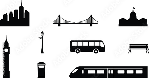 Photos London city landmark icon set vector illustration with big ben suspension bridge