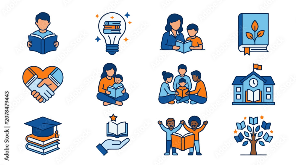 Fototapeta premium Education and library learning linear icon collection.