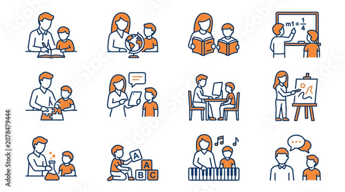 Education classroom teaching and learning activities icons.